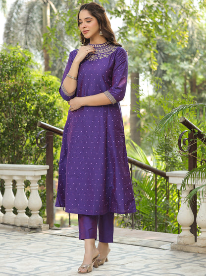 Polka Printed Zari & Sequins Embroidered Paneled Kurta with Pants - Purple