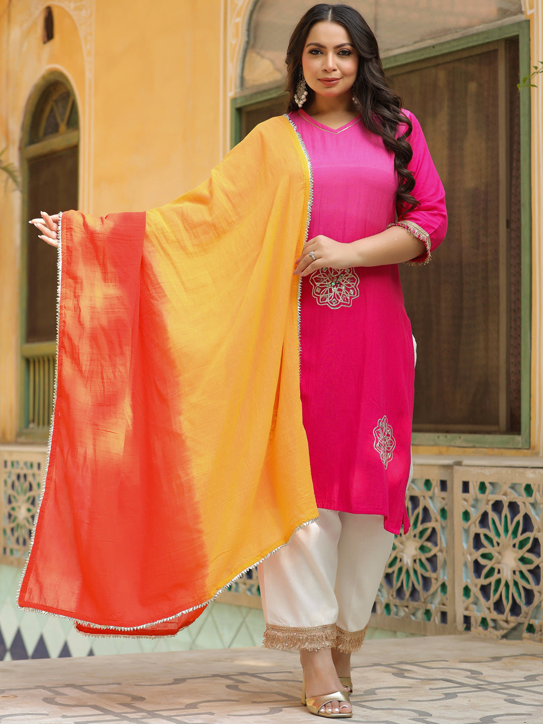 Ombre Dyed & Gota Embroidered Straight Kurta with Pant with Dupatta - Pink