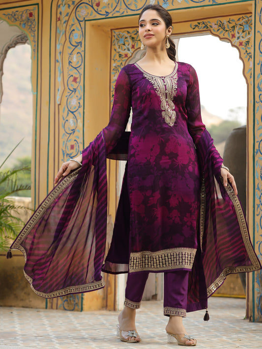 Floral Printed Zari & Sequins Embroidered Kurta with Pants & Dupatta - Purple