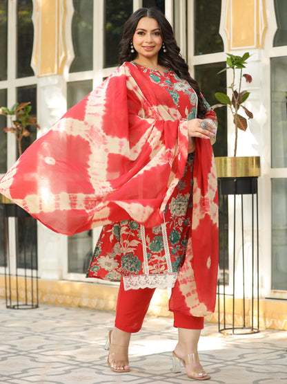 Floral Printed Sequins & Resham Lace Embellished Kurta with Pants & Shibori Dupatta - Red