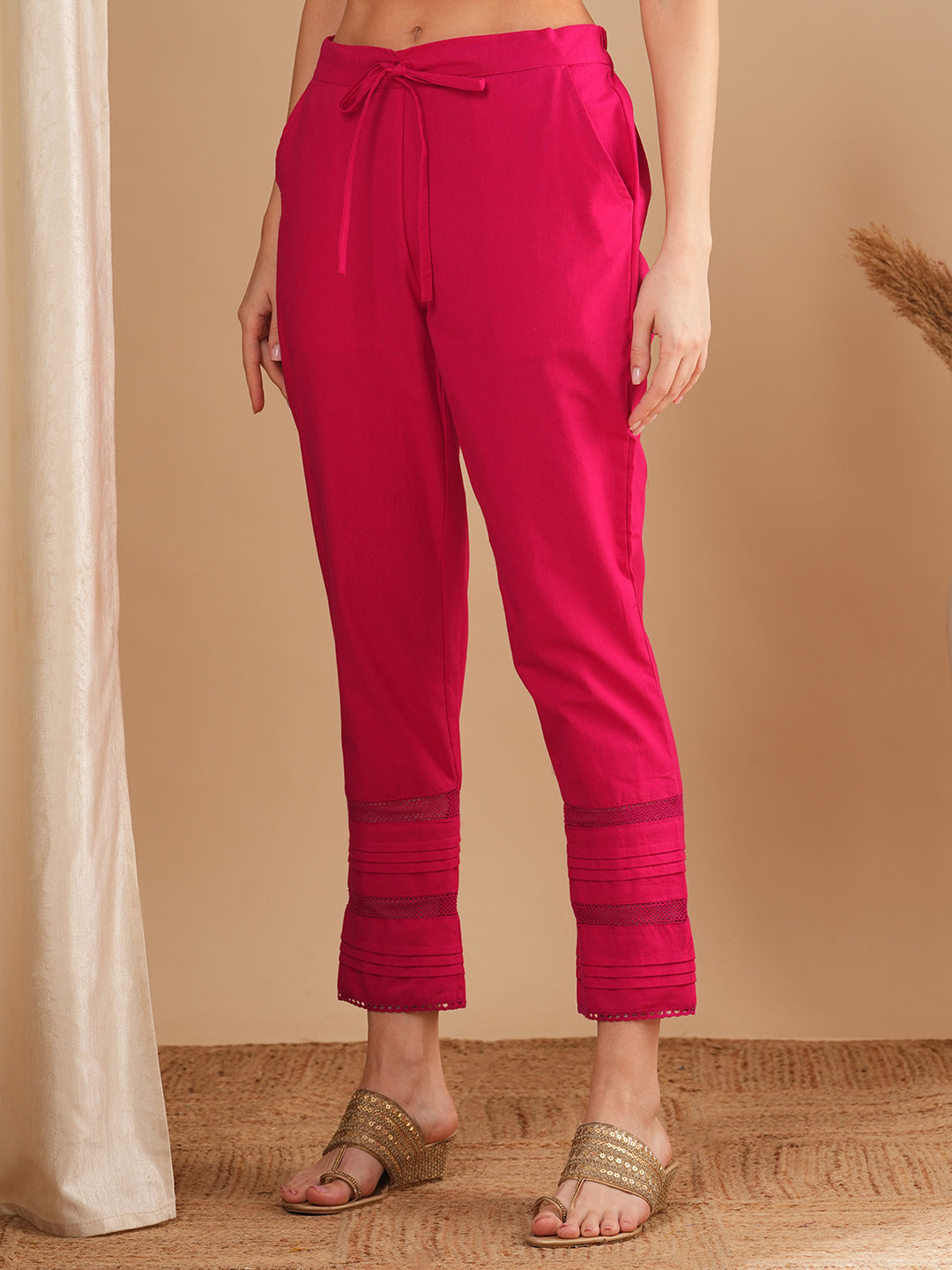 Solid Pin Tucked Straight Fit Pant - Pink