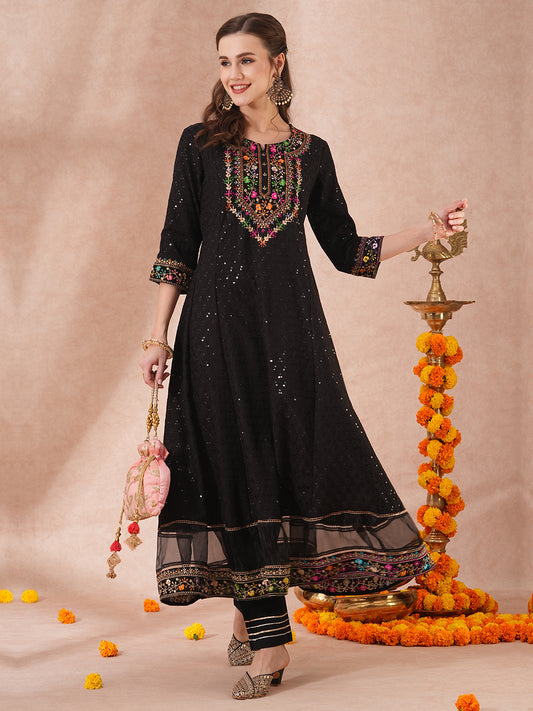 Solid Chikankari & Floral Embroidered Anarkali Flared Maxi Dress - Black