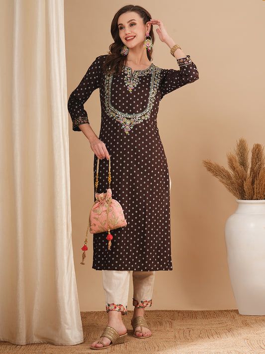 Ethnic Floral Khari Printed & Embroidered Straight Fit Kurta - Brown