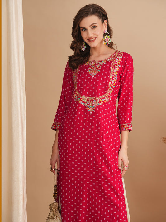 Ethnic Floral Khari Printed & Embroidered Straight Fit Kurta - Pink