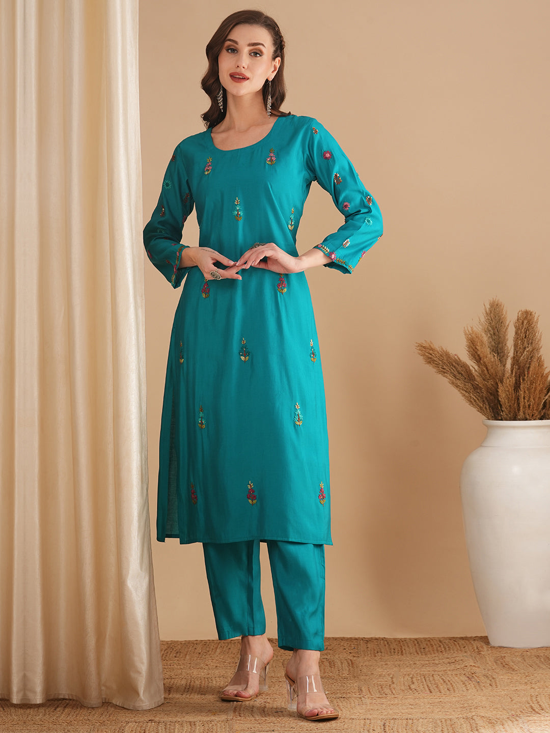 Solid Floral Hand Embroidered & Painted Straight Fit Co-ord Set - Turquoise Blue