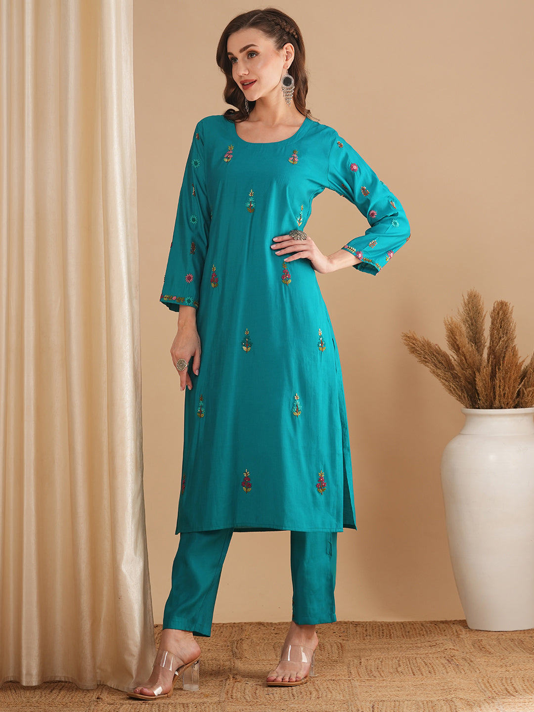 Solid Floral Hand Embroidered & Painted Straight Fit Co-ord Set - Turquoise Blue