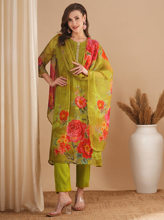 Floral Printed & Pin Tucked A-Line Kurta with Pant & Dupatta - Green