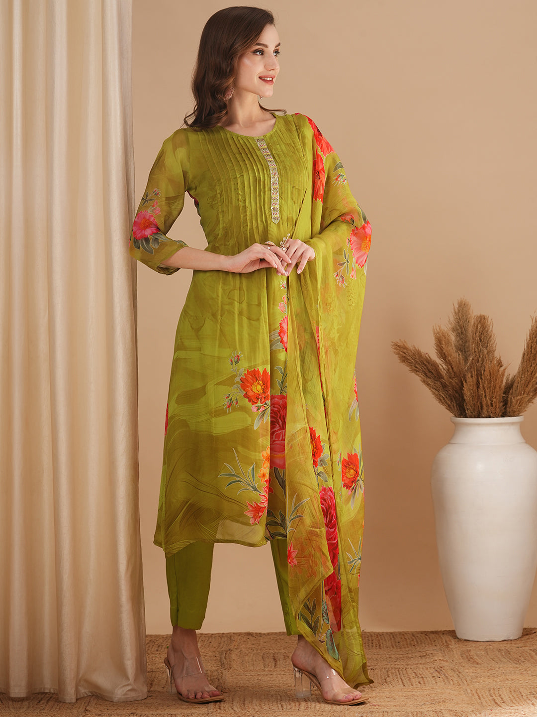 Floral Printed & Pin Tucked A-Line Kurta with Pant & Dupatta - Green