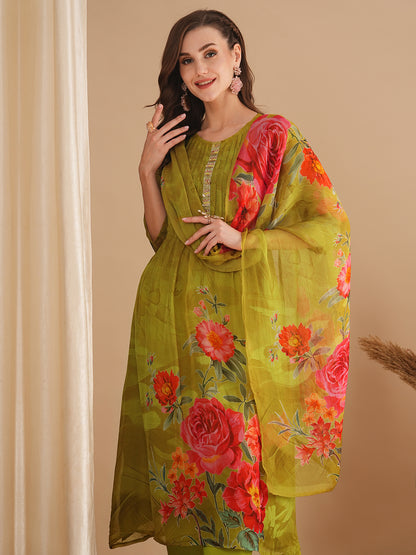 Floral Printed & Pin Tucked A-Line Kurta with Pant & Dupatta - Green