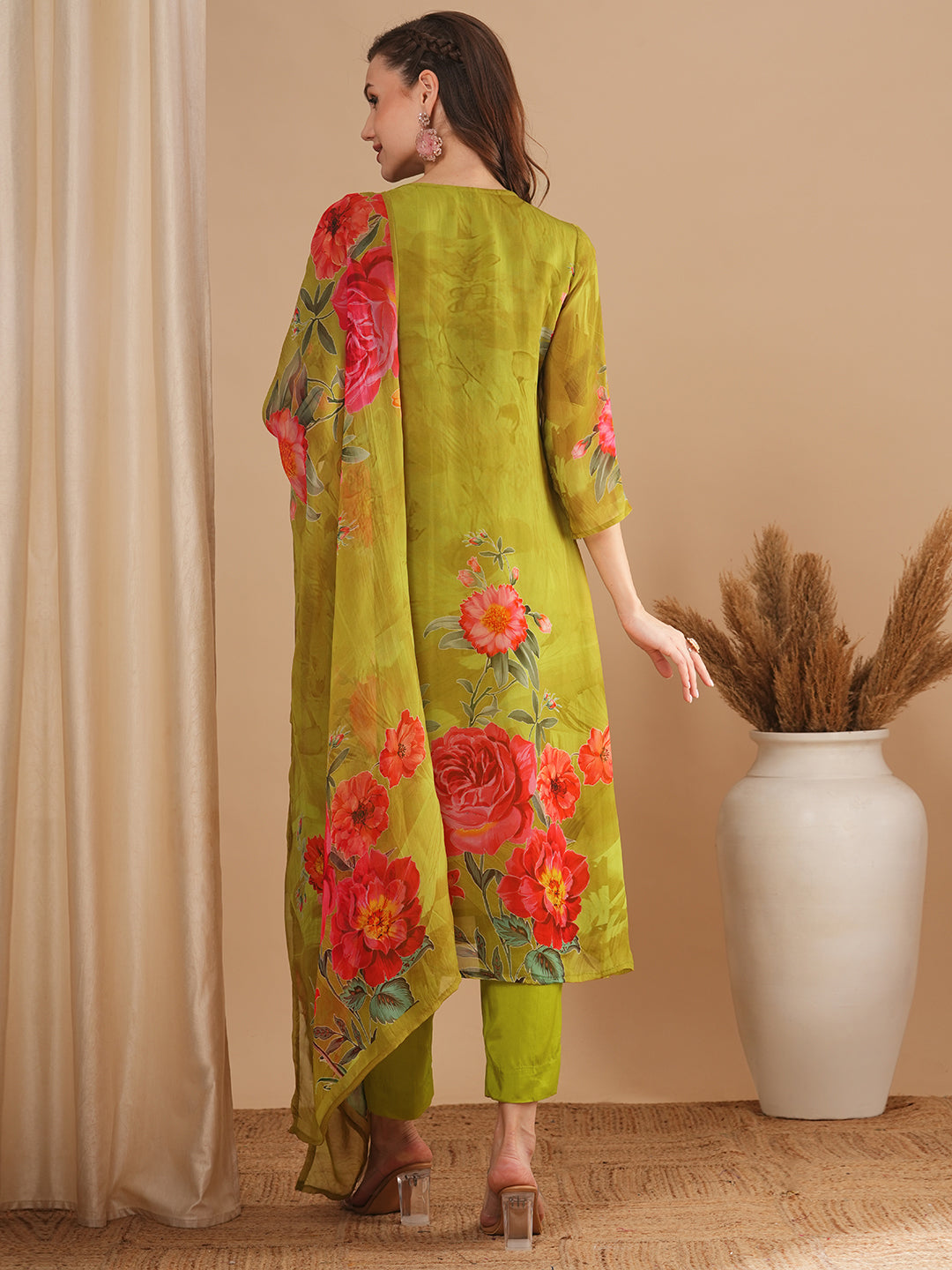 Floral Printed & Pin Tucked A-Line Kurta with Pant & Dupatta - Green