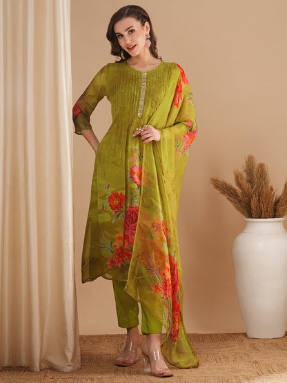 Floral Printed & Pin Tucked A-Line Kurta with Pant & Dupatta - Green