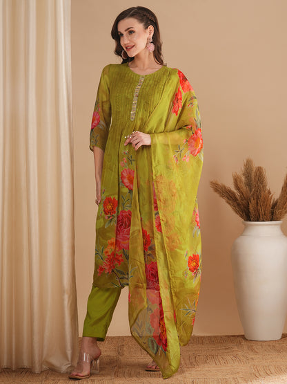 Floral Printed & Pin Tucked A-Line Kurta with Pant & Dupatta - Green