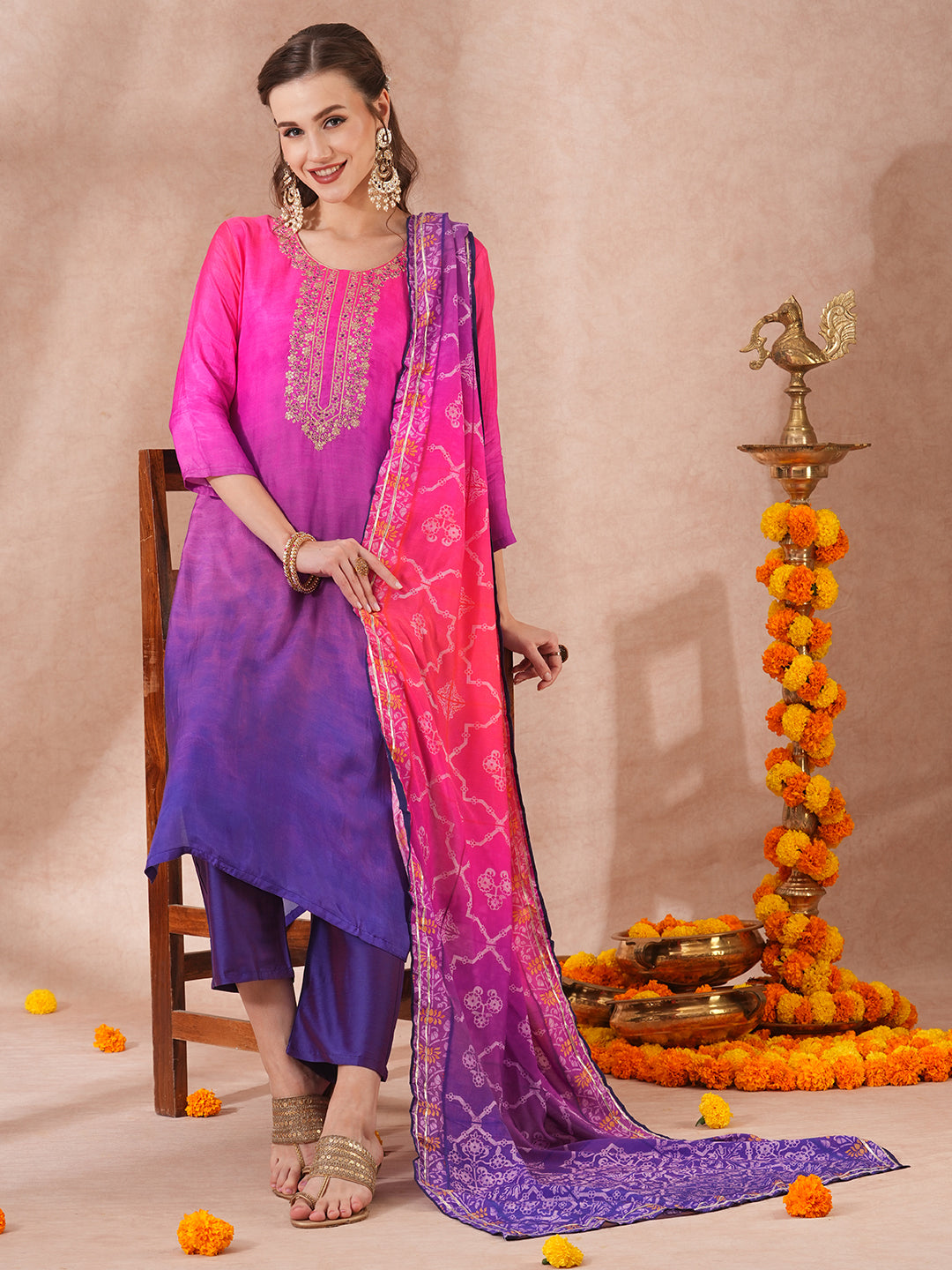 Solid Ombre & Embroidered Straight Fit Kurta with Pant & Dupatta - Pink