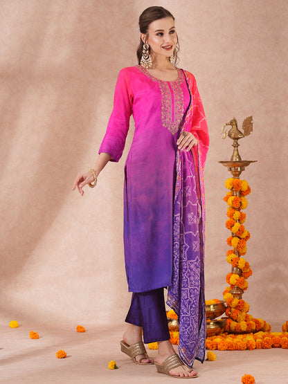 Solid Ombre & Embroidered Straight Fit Kurta with Pant & Dupatta - Pink