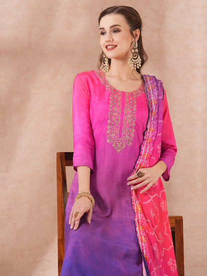 Solid Ombre & Embroidered Straight Fit Kurta with Pant & Dupatta - Pink