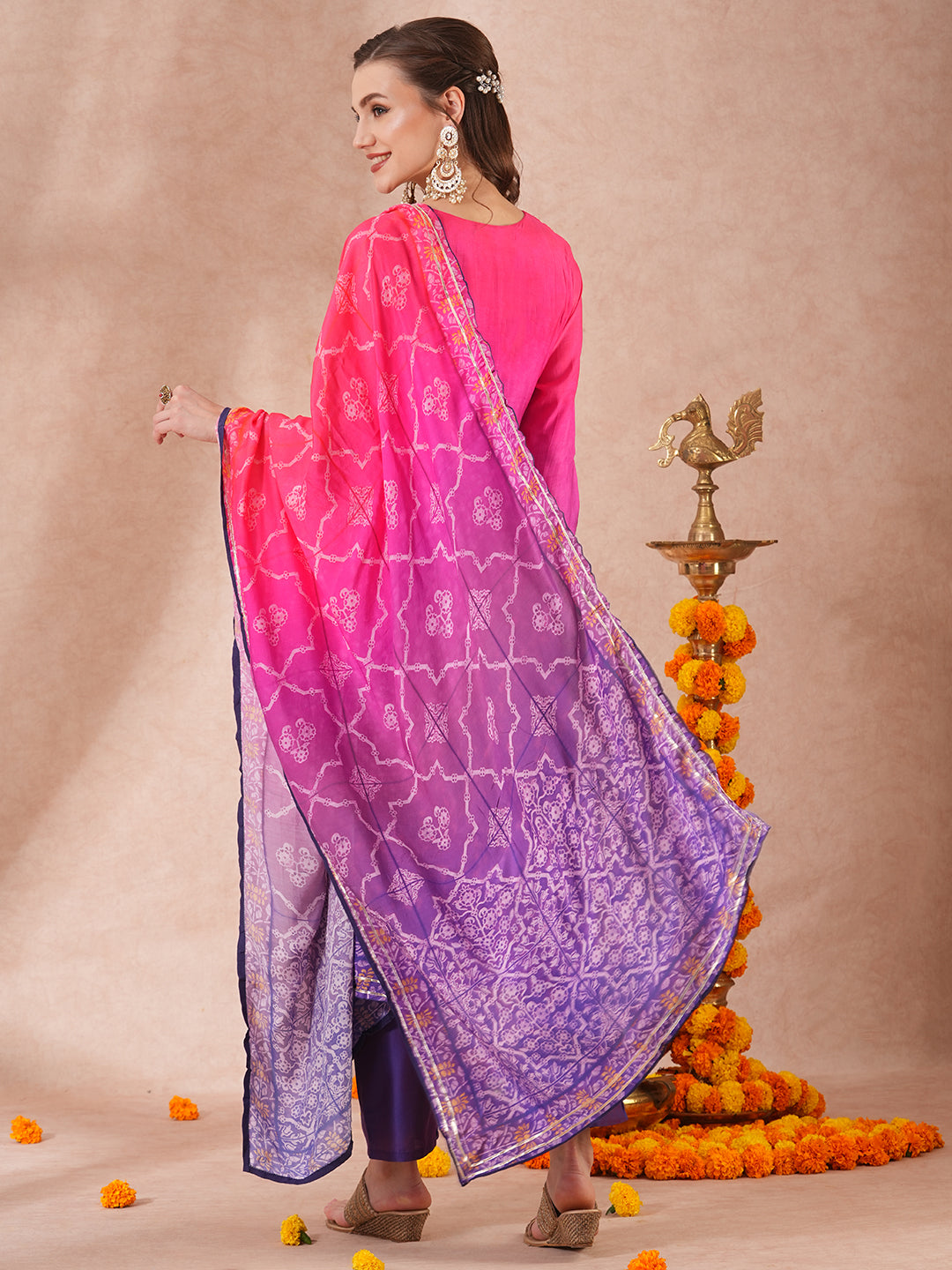 Solid Ombre & Embroidered Straight Fit Kurta with Pant & Dupatta - Pink