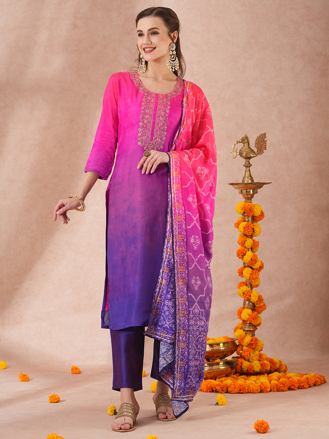 Solid Ombre & Embroidered Straight Fit Kurta with Pant & Dupatta - Pink