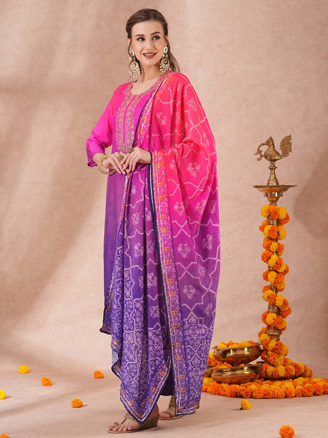 Solid Ombre & Embroidered Straight Fit Kurta with Pant & Dupatta - Pink