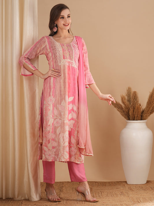 Floral Printed & Embroidered Straight Fit Kurta with Pant and Dupatta - Pink