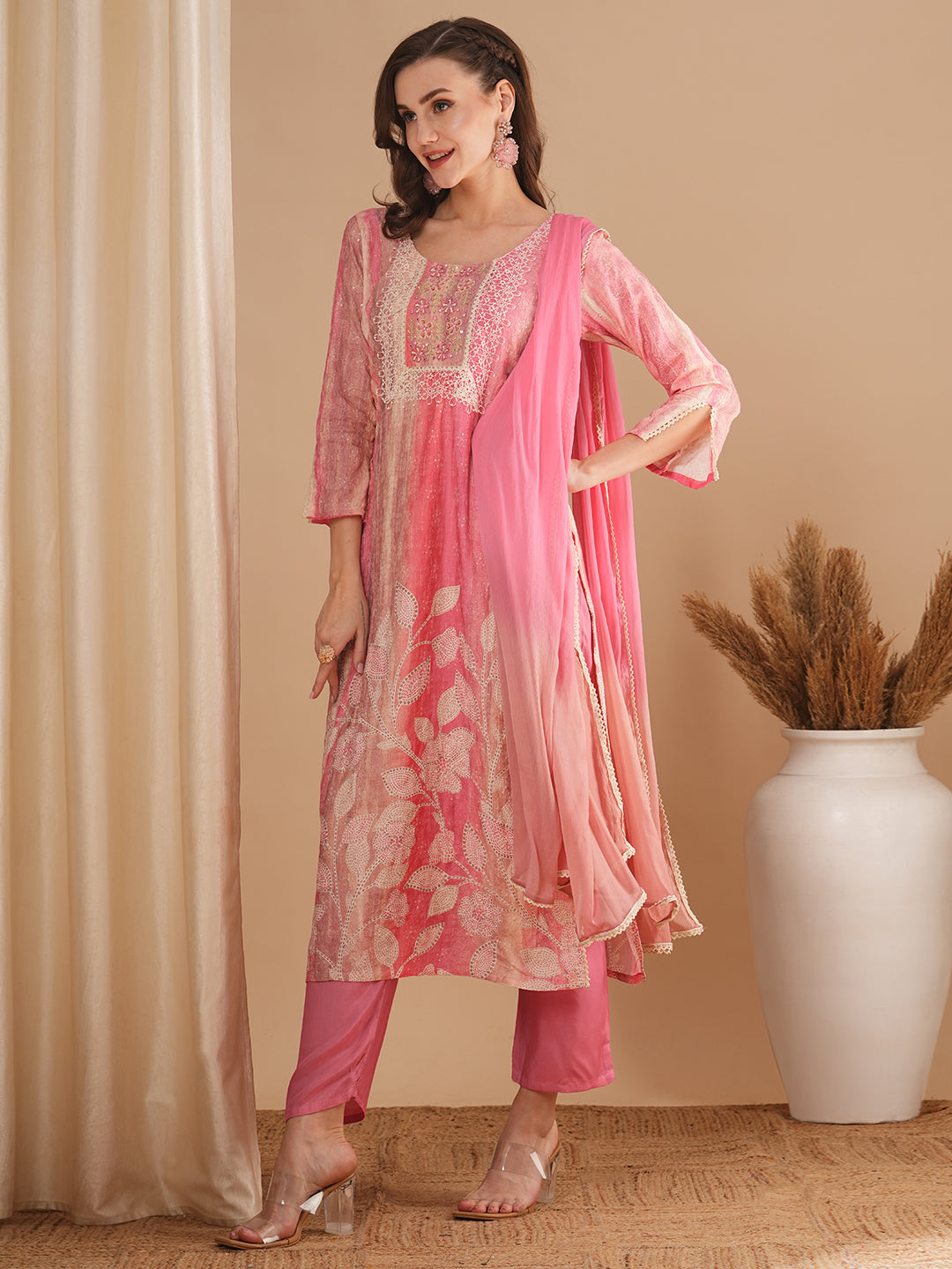 Floral Printed & Embroidered Straight Fit Kurta with Pant and Dupatta - Pink