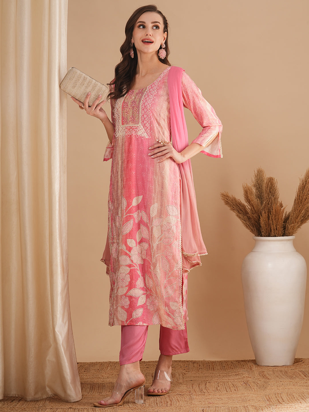 Floral Printed & Embroidered Straight Fit Kurta with Pant and Dupatta - Pink