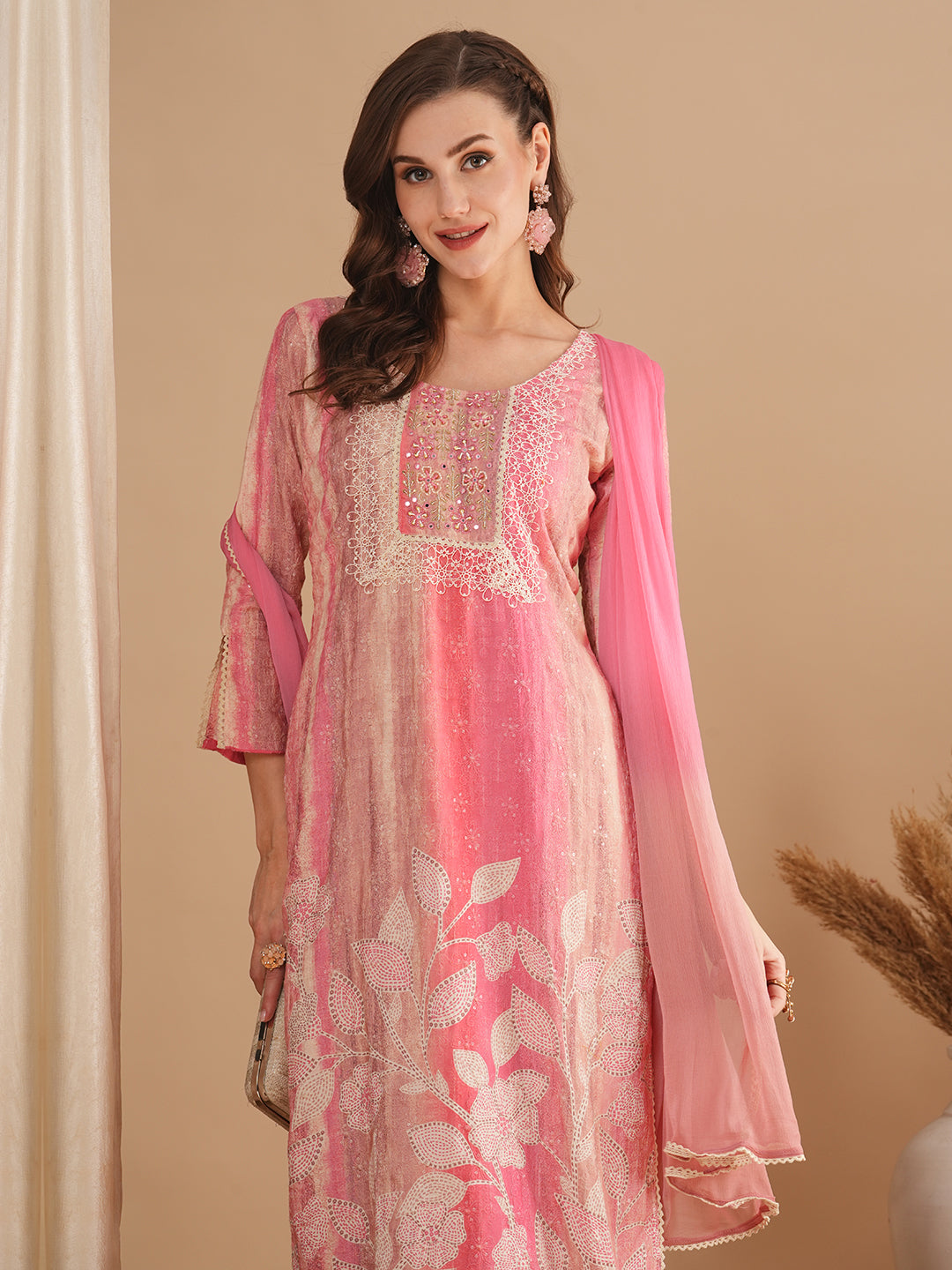 Floral Printed & Embroidered Straight Fit Kurta with Pant and Dupatta - Pink