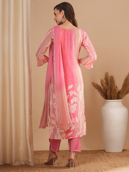 Floral Printed & Embroidered Straight Fit Kurta with Pant and Dupatta - Pink