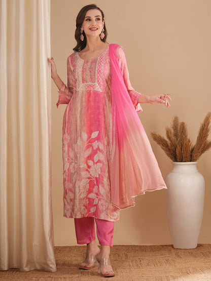 Floral Printed & Embroidered Straight Fit Kurta with Pant and Dupatta - Pink