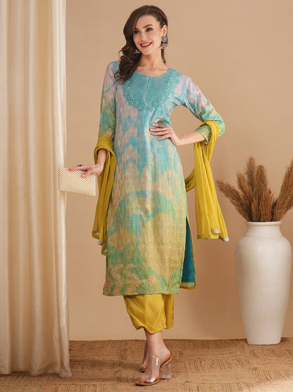 Abstract Printed & Embroidered Straight Fit Kurta with Pant & Dupatta - Multi