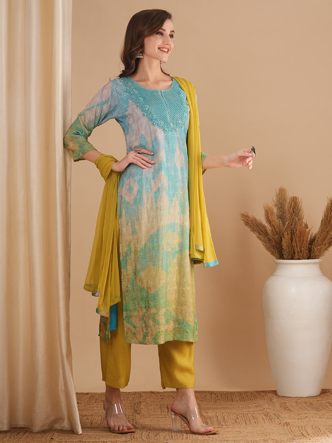 Abstract Printed & Embroidered Straight Fit Kurta with Pant & Dupatta - Multi