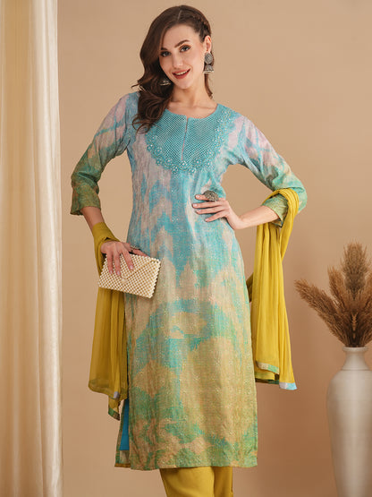 Abstract Printed & Embroidered Straight Fit Kurta with Pant & Dupatta - Multi