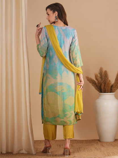 Abstract Printed & Embroidered Straight Fit Kurta with Pant & Dupatta - Multi