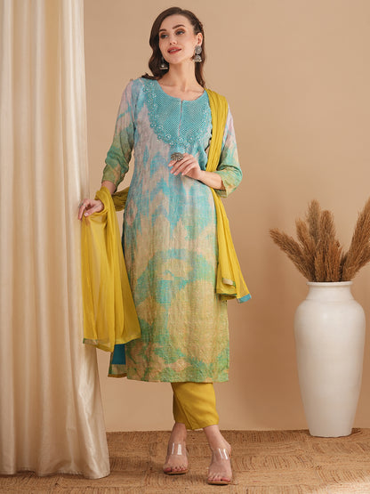 Abstract Printed & Embroidered Straight Fit Kurta with Pant & Dupatta - Multi