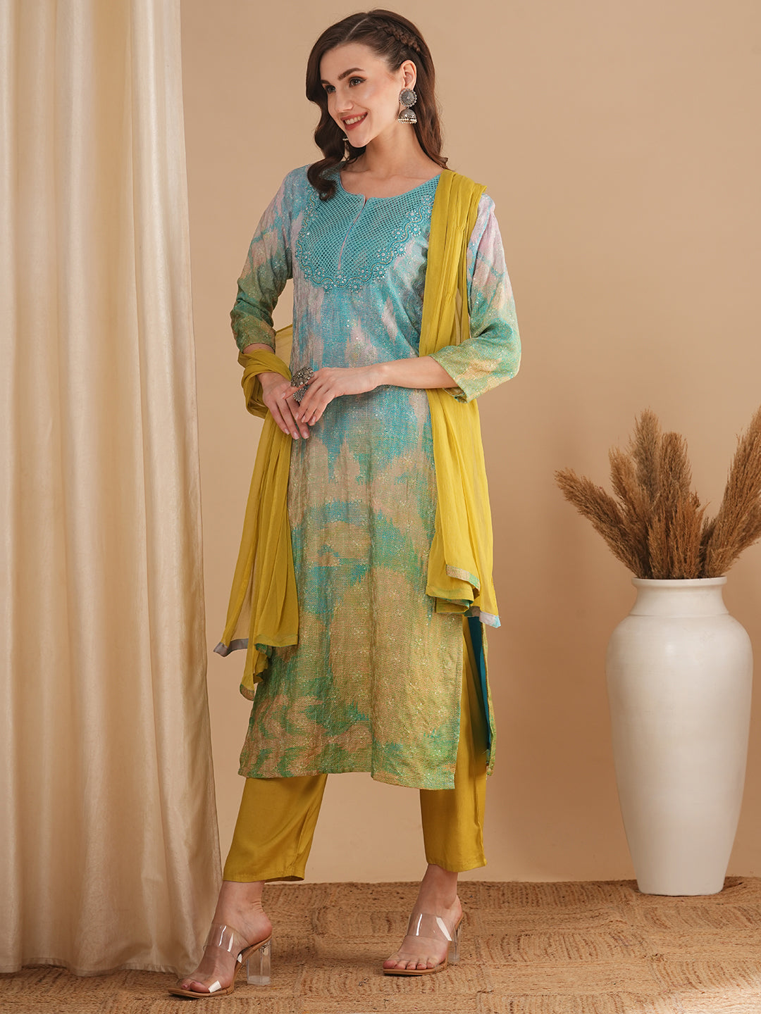 Abstract Printed & Embroidered Straight Fit Kurta with Pant & Dupatta - Multi