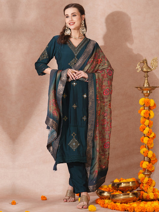 Solid Ethnic Embroidered Straight Kurta with Pant & Jacquard Dupatta - Teal Blue