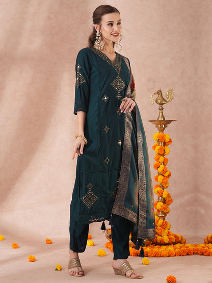 Solid Ethnic Embroidered Straight Kurta with Pant & Jacquard Dupatta - Teal Blue