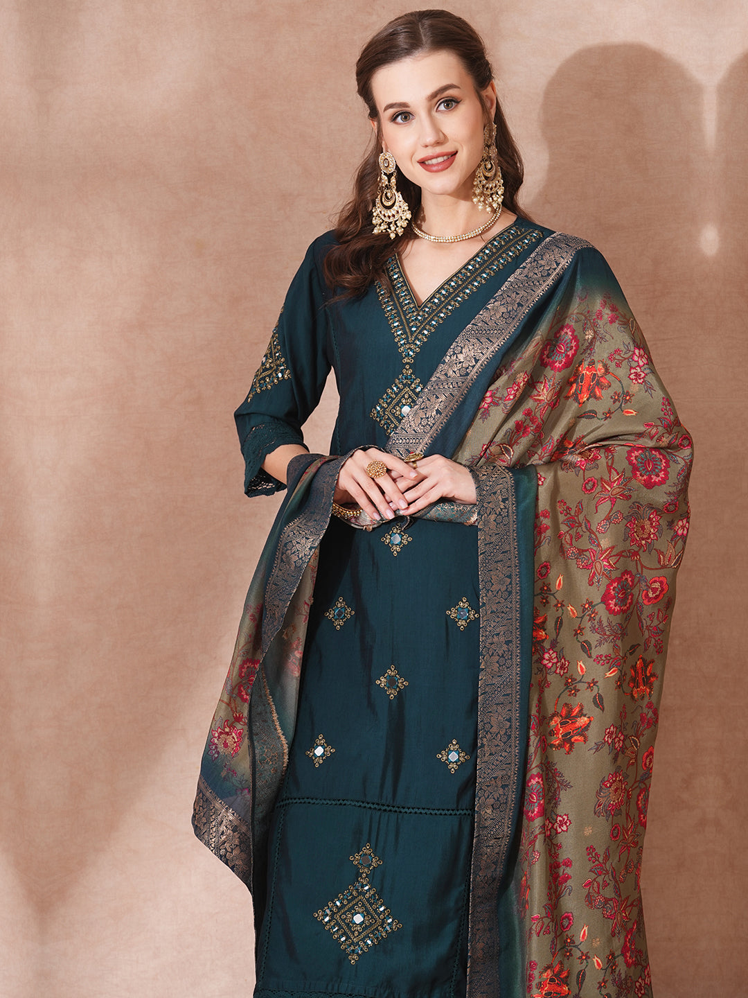 Solid Ethnic Embroidered Straight Kurta with Pant & Jacquard Dupatta - Teal Blue