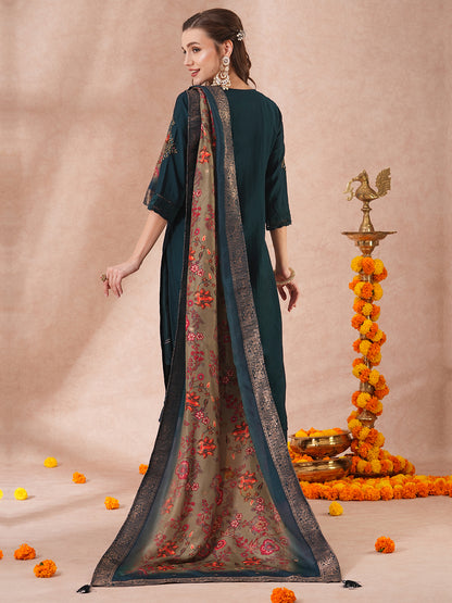 Solid Ethnic Embroidered Straight Kurta with Pant & Jacquard Dupatta - Teal Blue