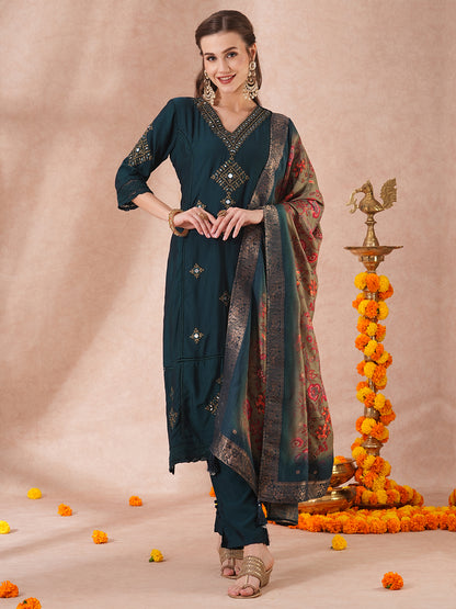 Solid Ethnic Embroidered Straight Kurta with Pant & Jacquard Dupatta - Teal Blue