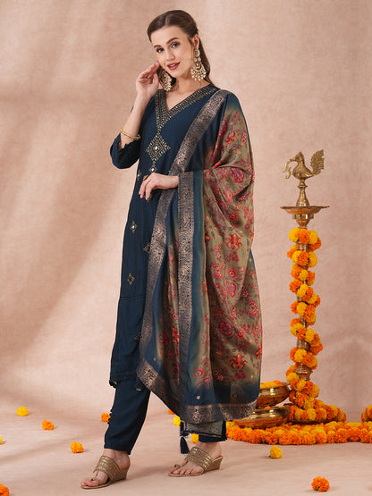 Solid Ethnic Embroidered Straight Kurta with Pant & Jacquard Dupatta - Teal Blue