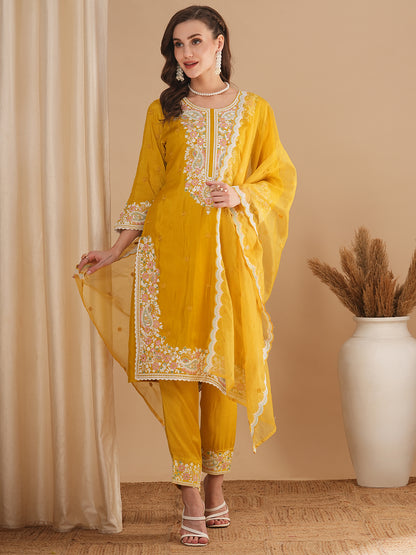 Solid Floral Embroidered Straight Fit Kurta with Pant & Dupatta - Yellow