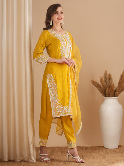 Solid Floral Embroidered Straight Fit Kurta with Pant & Dupatta - Yellow