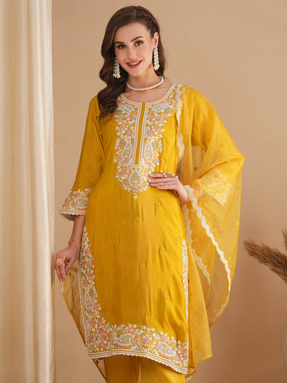 Solid Floral Embroidered Straight Fit Kurta with Pant & Dupatta - Yellow