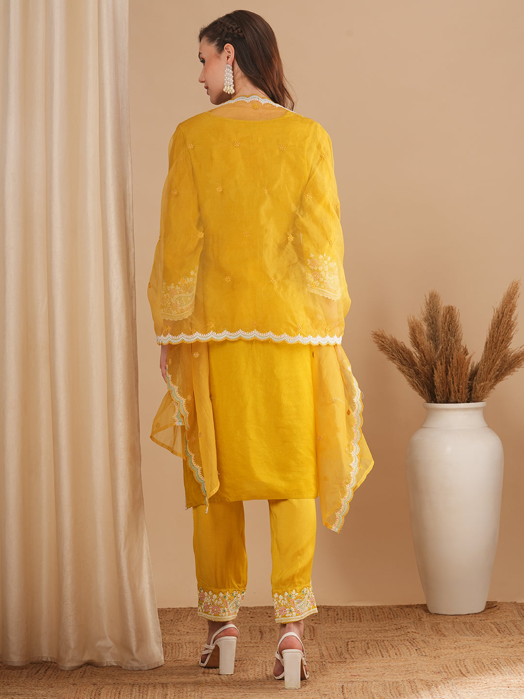 Solid Floral Embroidered Straight Fit Kurta with Pant & Dupatta - Yellow