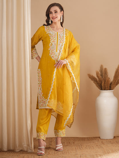 Solid Floral Embroidered Straight Fit Kurta with Pant & Dupatta - Yellow