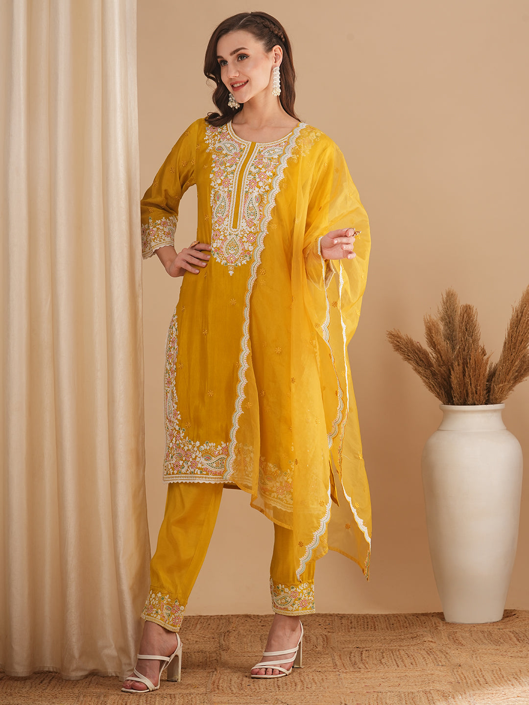 Solid Floral Embroidered Straight Fit Kurta with Pant & Dupatta - Yellow