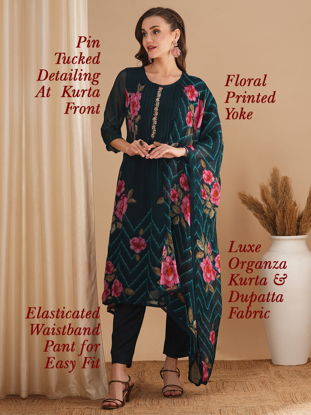 Floral Printed & Pin Tucked A-Line Kurta with Pant & Dupatta - Blue