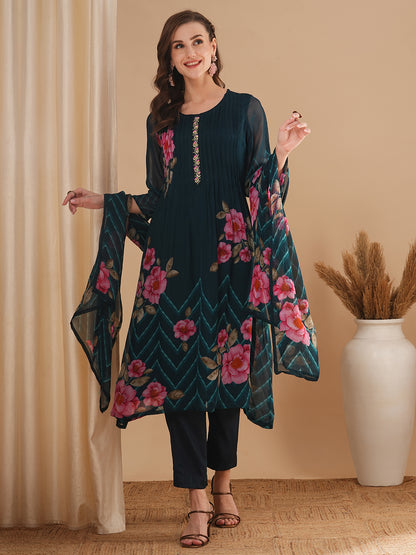 Floral Printed & Pin Tucked A-Line Kurta with Pant & Dupatta - Blue