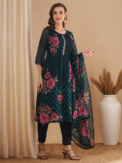 Floral Printed & Pin Tucked A-Line Kurta with Pant & Dupatta - Blue