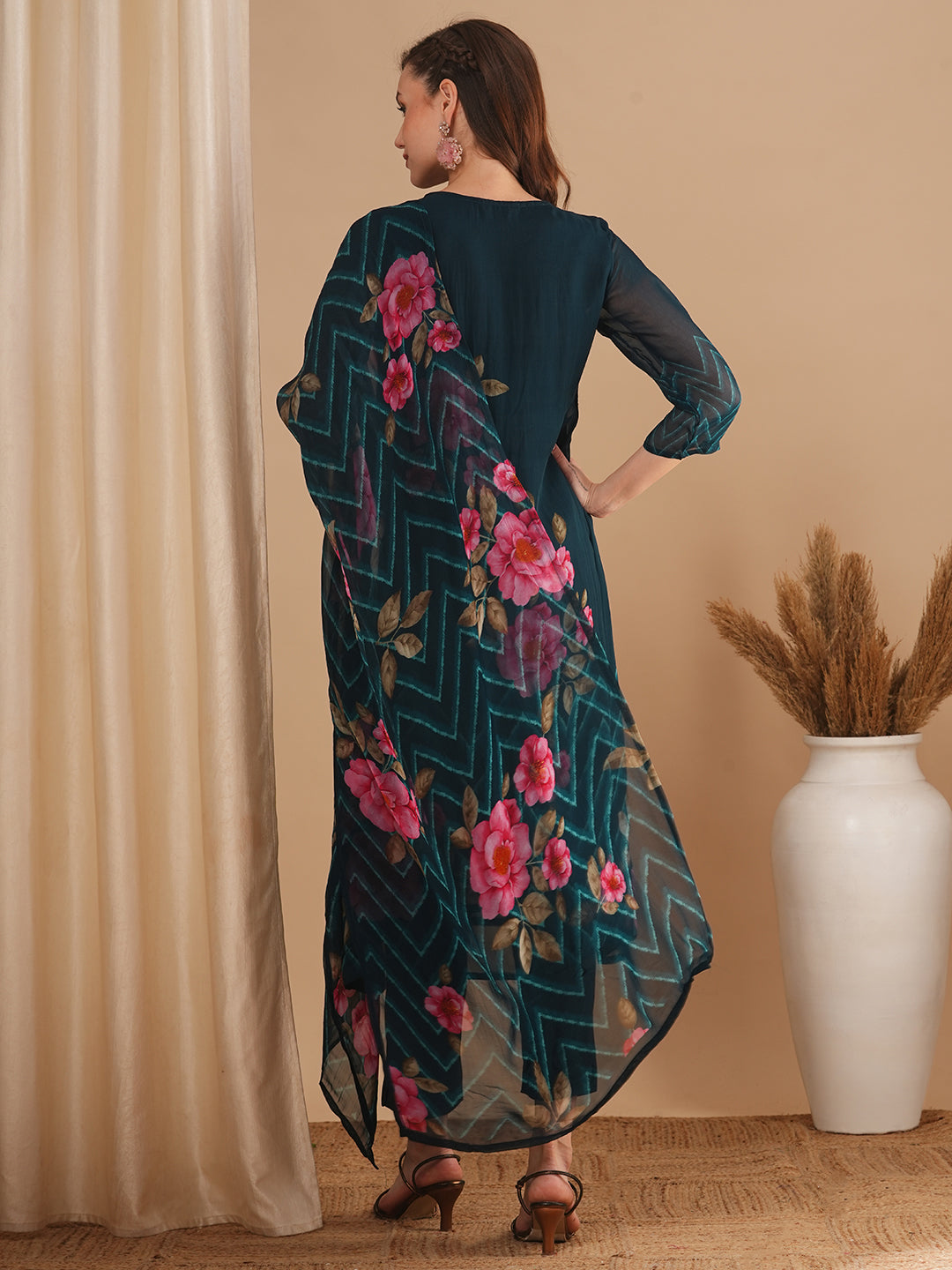 Floral Printed & Pin Tucked A-Line Kurta with Pant & Dupatta - Blue